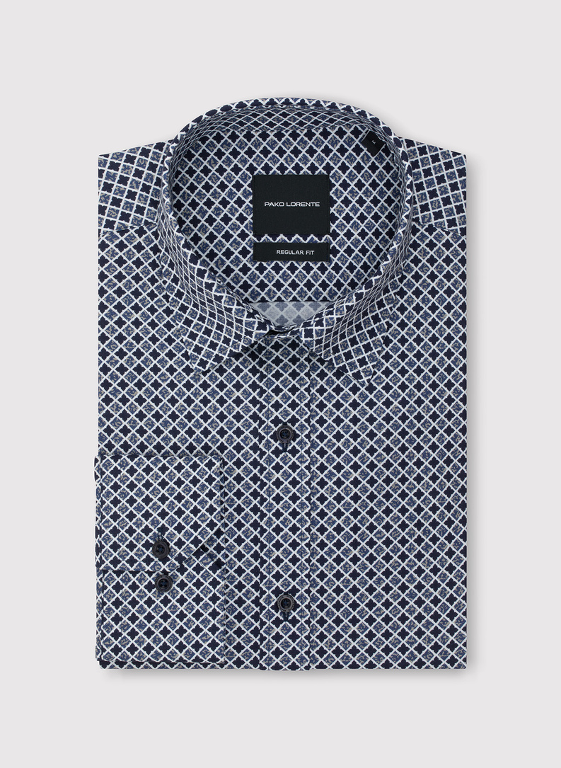 Tamsiai mėlyni marškiniai geometriniu raštu