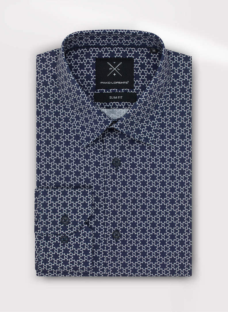 Tamsiai mėlyni vyriški marškiniai baltu raštu