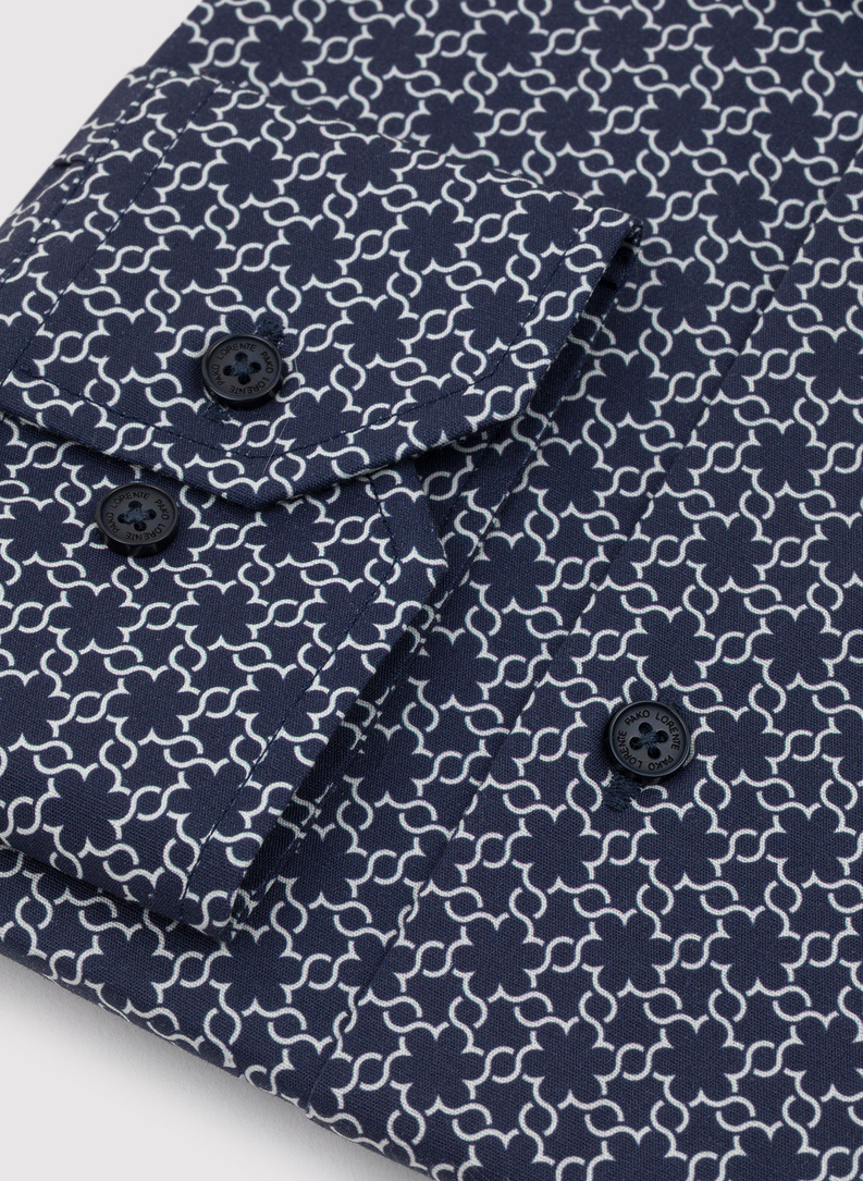 Tamsiai mėlyni vyriški marškiniai baltu raštu