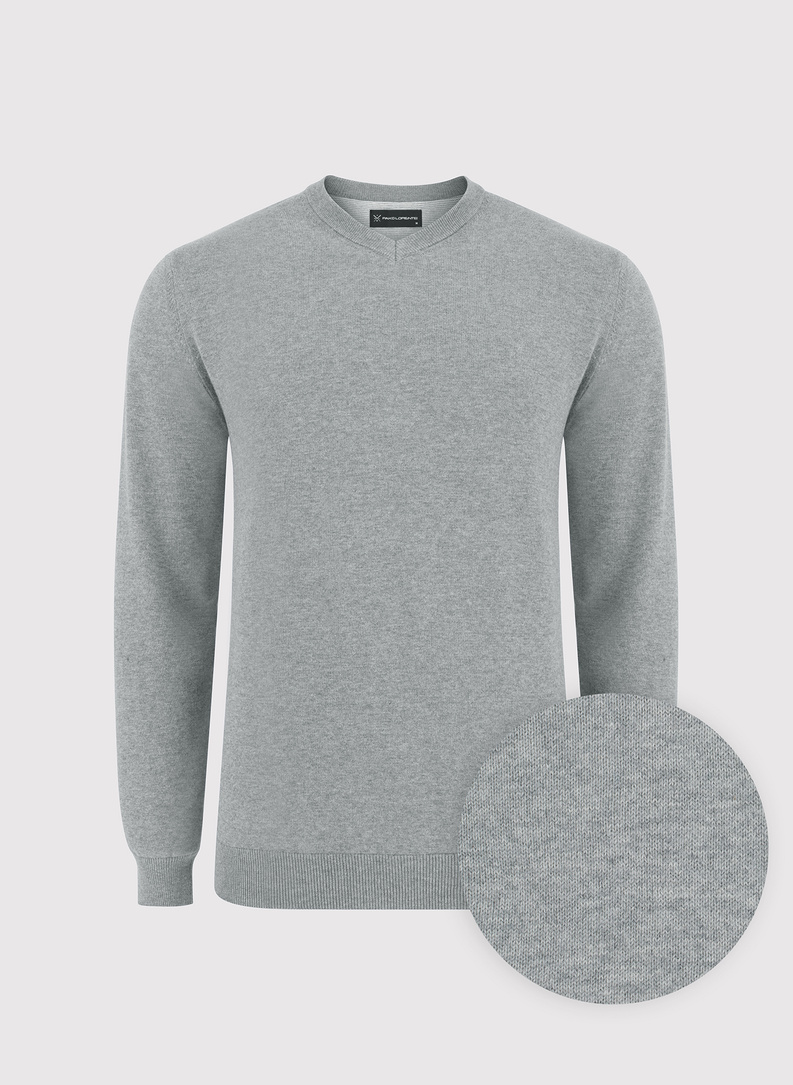 Šviesiai pilkas vyriškas megztinis V apykakle