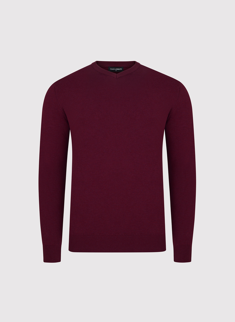 Tamsiai raudonas vyriškas megztinis su V apykakle