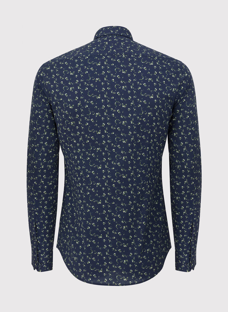 Tamsiai mėlyni vyriški marškiniai žaliais drugeliais