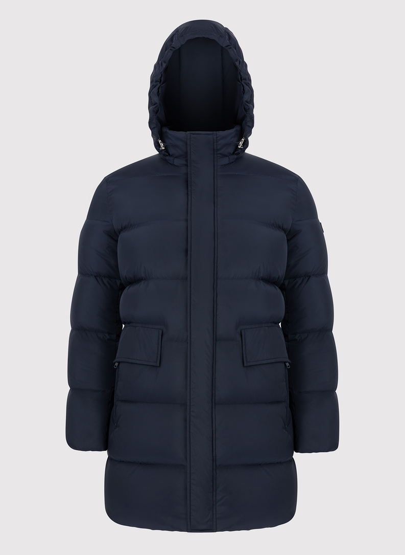 Tamsiai mėlyna ilga dygsniuota striukė