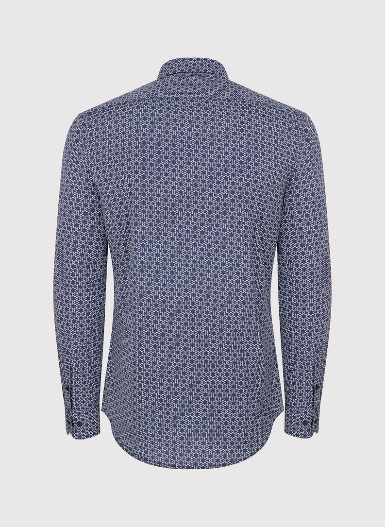 Tamsiai mėlyni vyriški marškiniai baltu raštu