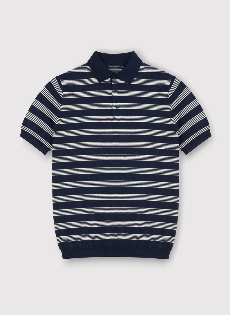 Tamsiai mėlyni dryžuoti polo marškinėliai