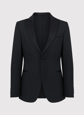 Vilnonis juodas smokingo švarkas mikroraštu