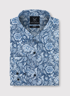 Marškiniai gėlių raštu tamsiai mėlyname fone