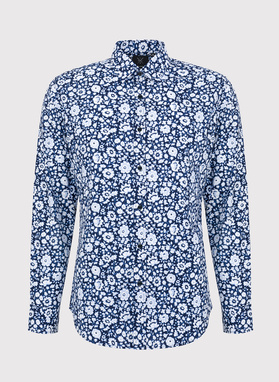 Tamsiai mėlyni marškiniai baltomis gėlėmis