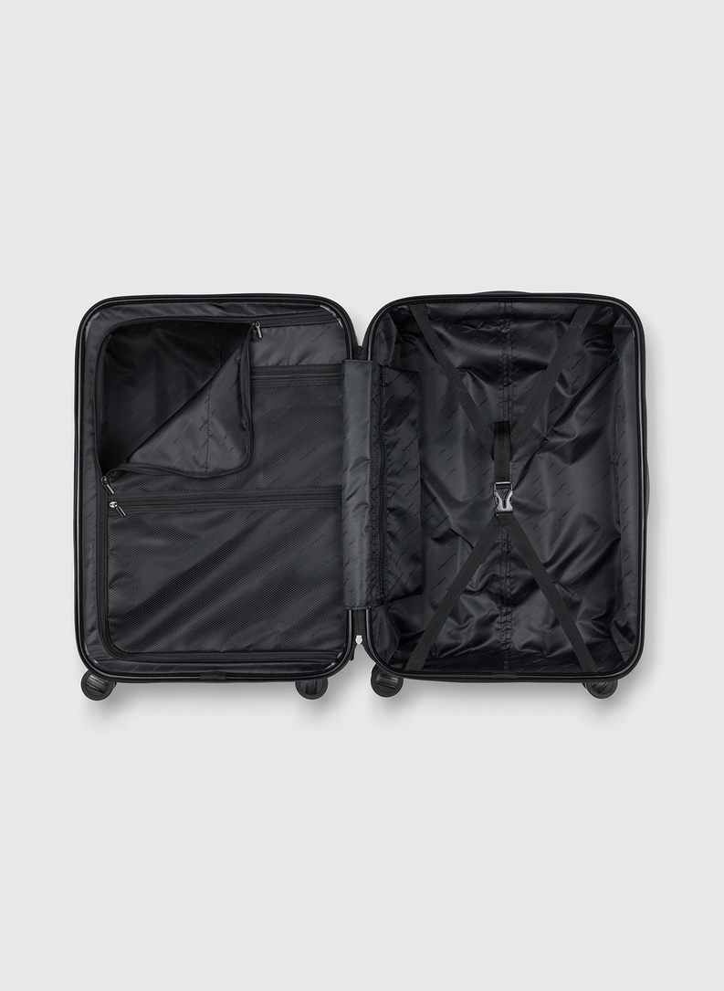 Vidutinis tamsiai pilkas lagaminas su grioveliais