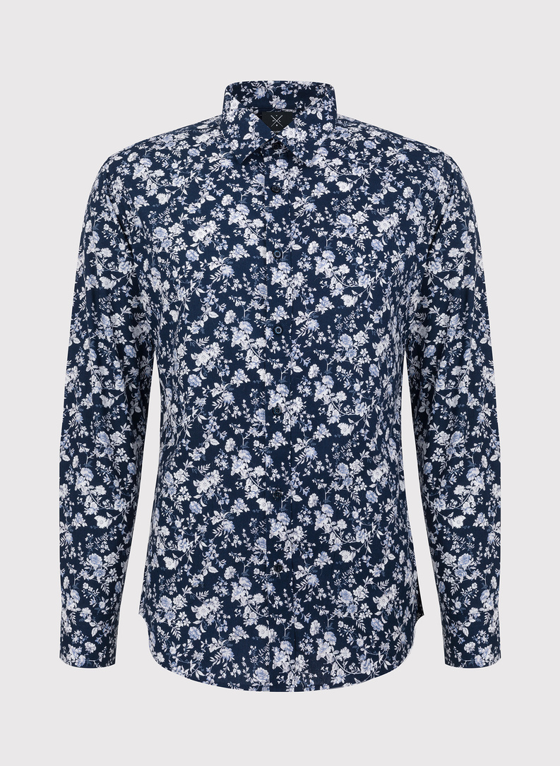 Tamsiai mėlyni gėlėti marškiniai