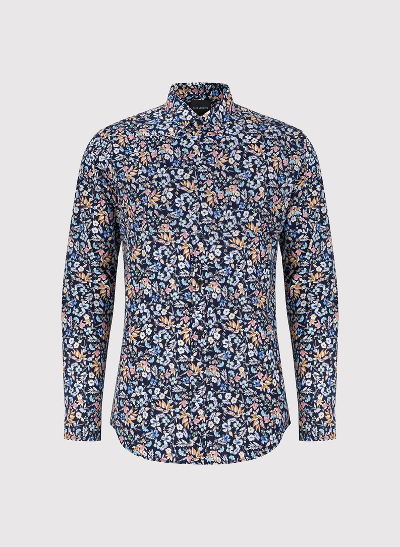 Tamsiai mėlyni gėlėti marškiniai