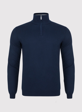 Tamsiai mėlynas megztinis su užtrauktuku sagstoma aukšta stačia apykakle