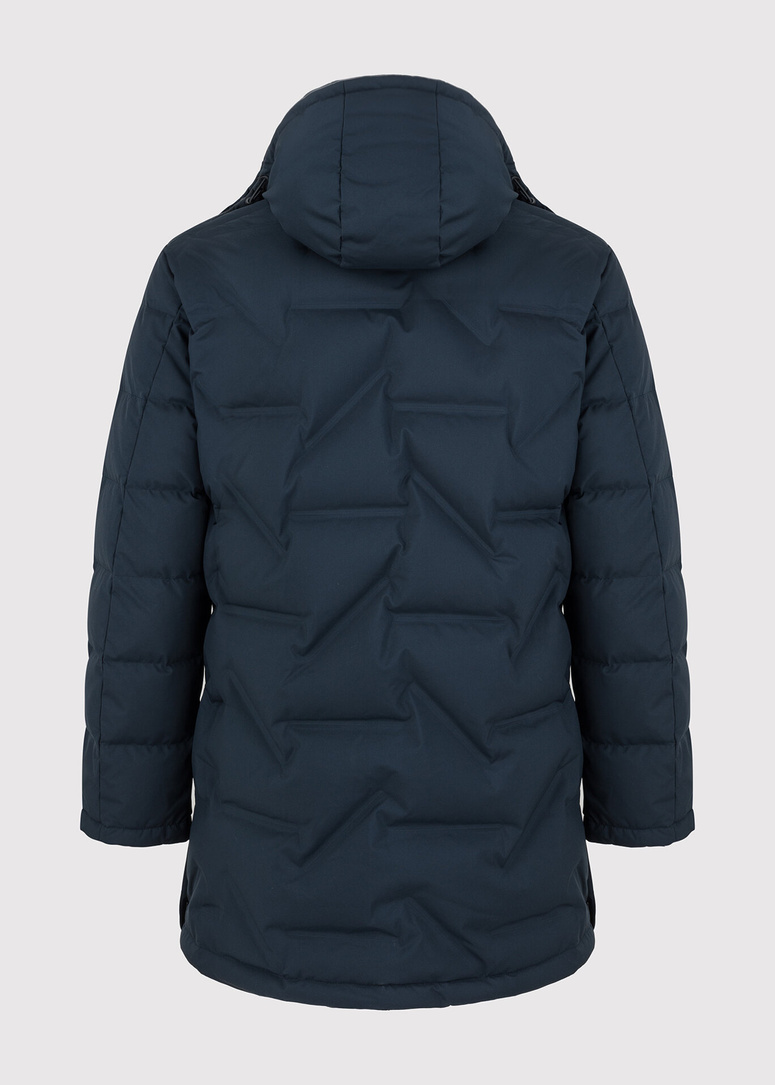 Tamsiai mėlyna dygsniuota striukė su gobtuvu