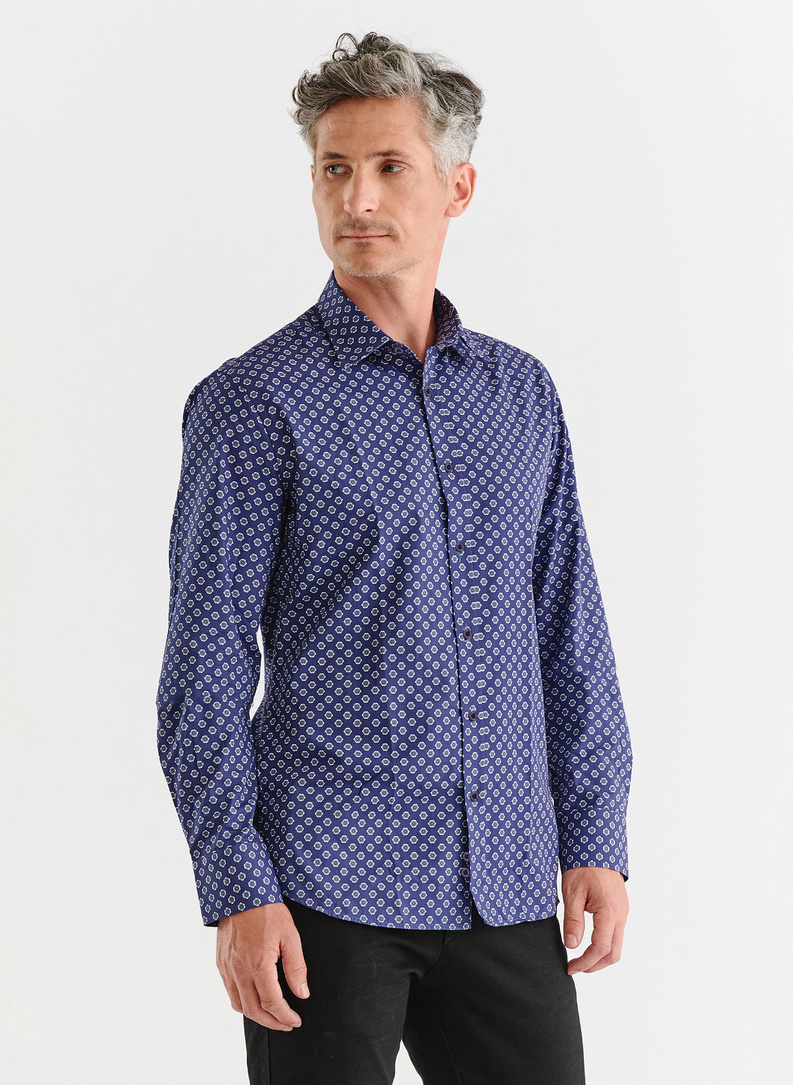 Tamsiai mėlyni vyriški marškiniai gėlytėmis