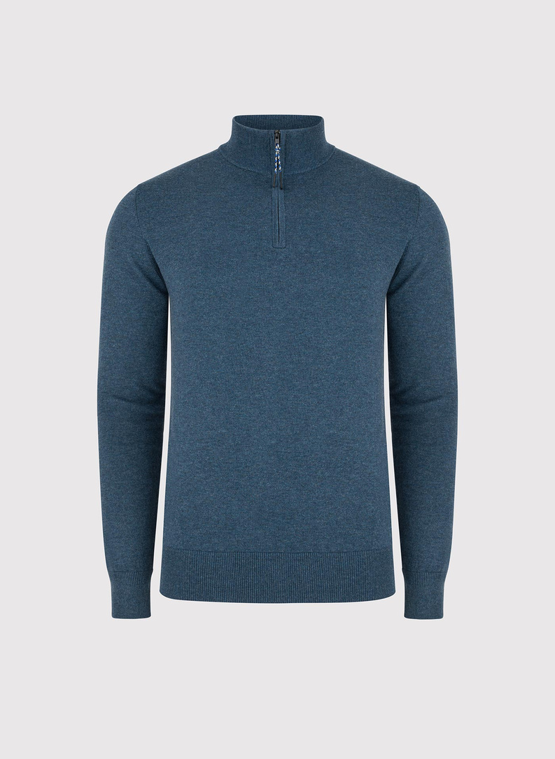 Tamsiai mėlynas megztinis su prasegama stačia apykakle