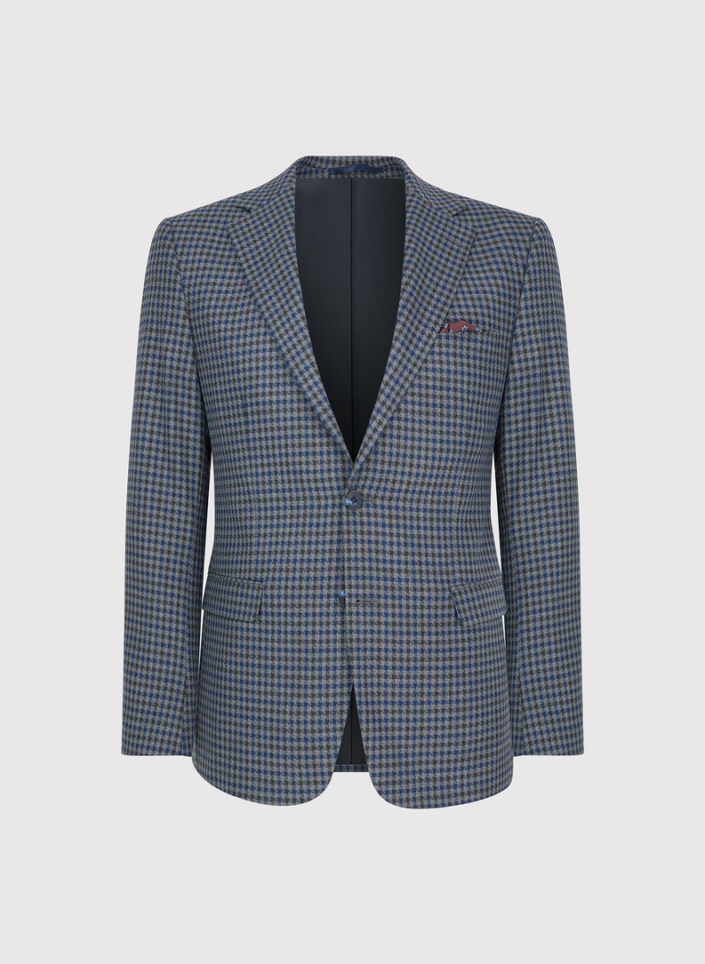 Tamsiai mėlynas švarkas smulkiais langeliais