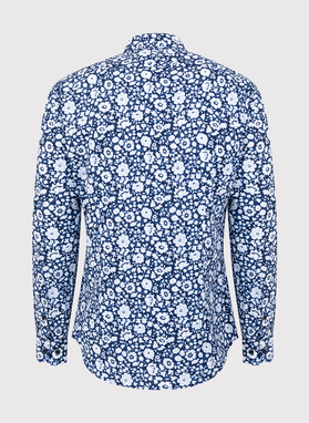 Tamsiai mėlyni marškiniai baltomis gėlėmis