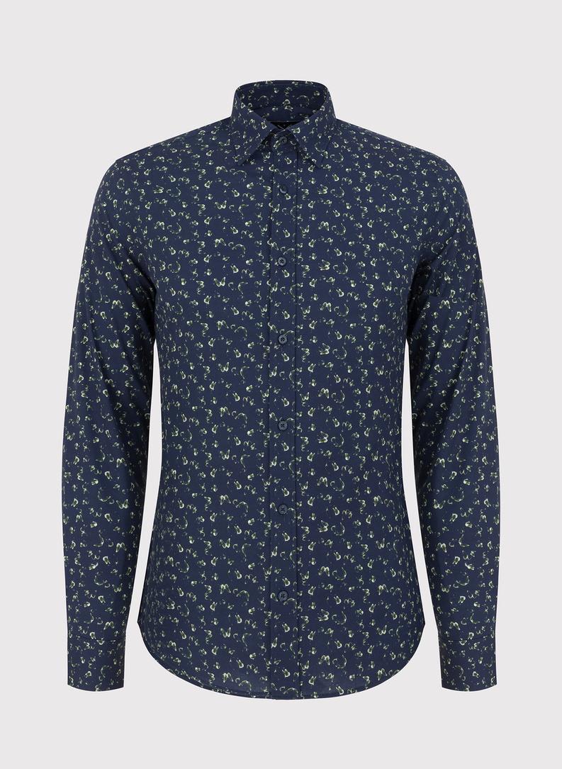 Tamsiai mėlyni vyriški marškiniai žaliais drugeliais