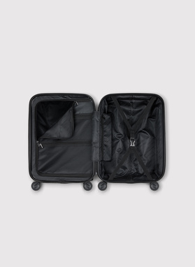 Mažas tamsiai pilkas lagaminas su grioveliais