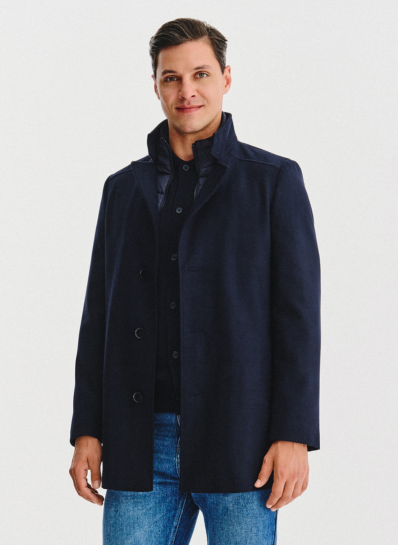 Tamsiai mėlynas vilnonis vyriškas lietpaltis su stačia apykakle