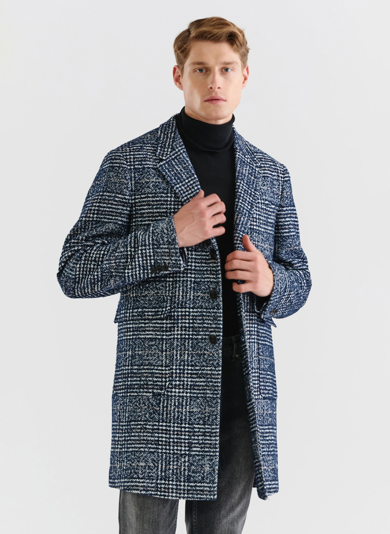 Tamsiai mėlynas languotas vyriškas lietpaltis