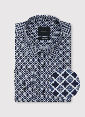 Tamsiai mėlyni marškiniai geometriniu raštu