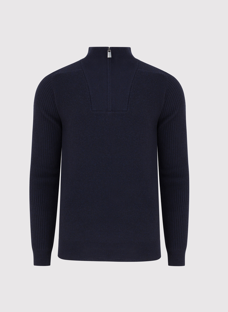 Tamsiai mėlynas megztinis su prasegama stačia apykakle