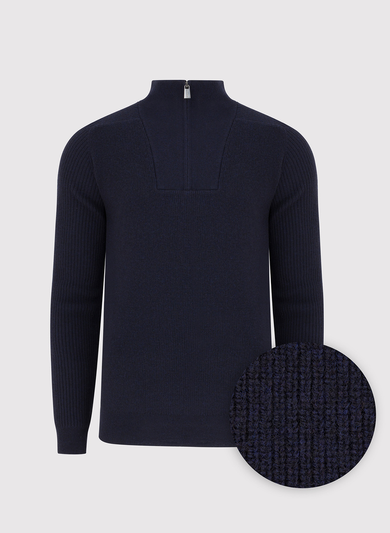 Tamsiai mėlynas megztinis su prasegama stačia apykakle