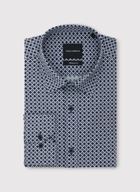 Tamsiai mėlyni marškiniai geometriniu raštu