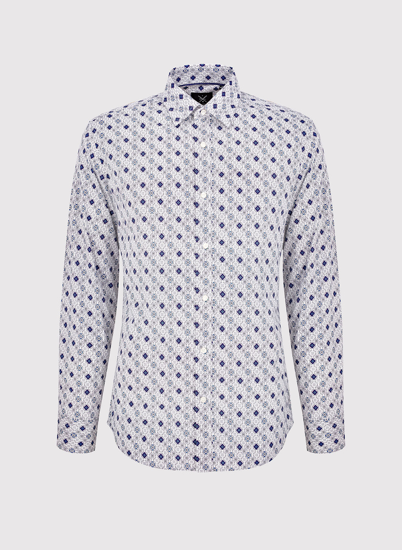 Baltos spalvos vyriški marškiniai tamsiai mėlynu raštu