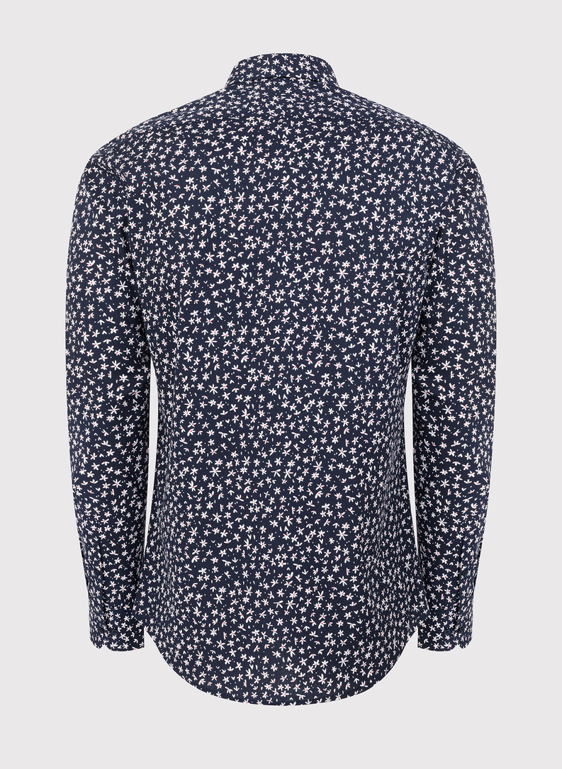 Tamsiai mėlyni vyriški marškiniai gėlytėmis