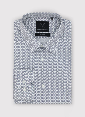 Balti vyriški marškiniai tamsiai mėlynu raštu