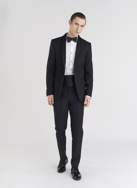 Vilnonis juodas smokingo švarkas mikroraštu