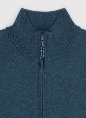 Tamsiai mėlynas megztinis su prasegama stačia apykakle