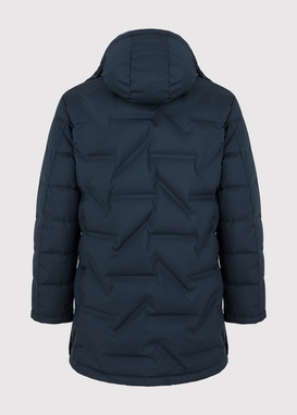 Tamsiai mėlyna dygsniuota striukė su gobtuvu