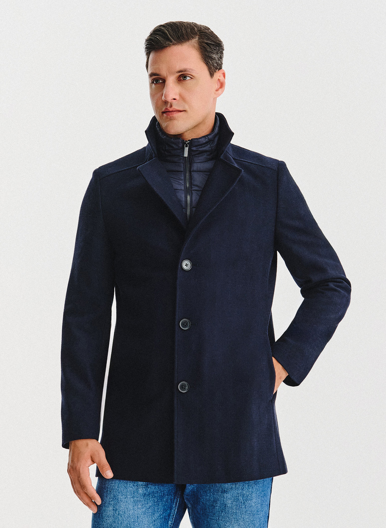 Tamsiai mėlynas vilnonis vyriškas lietpaltis su stačia apykakle