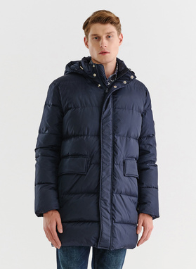 Tamsiai mėlyna ilga dygsniuota striukė