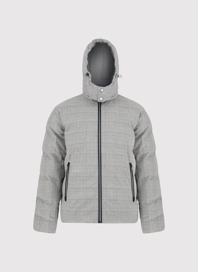 Pilka languota striukė su nusegamu gobtuvu