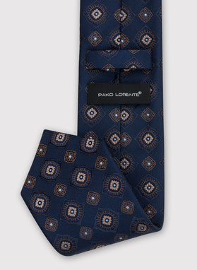 Tamsiai mėlynas vyriškas kaklaraištis bronziniu raštu