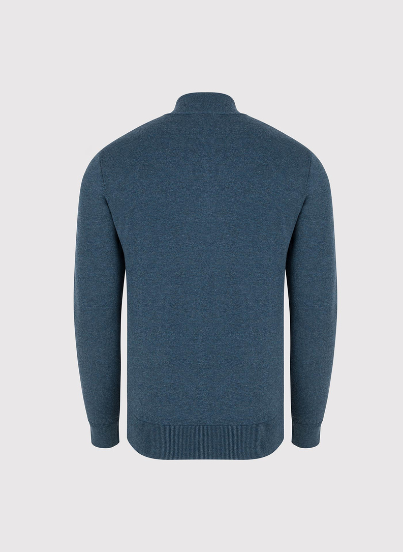 Tamsiai mėlynas megztinis su prasegama stačia apykakle