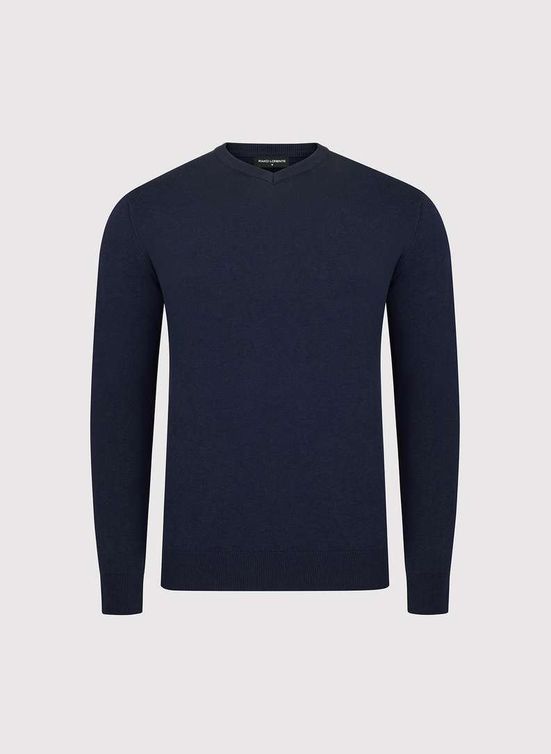 Tamsiai mėlynas vyriškas megztinis su V apykakle