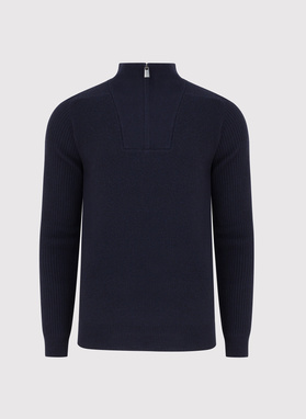 Tamsiai mėlynas megztinis su prasegama stačia apykakle