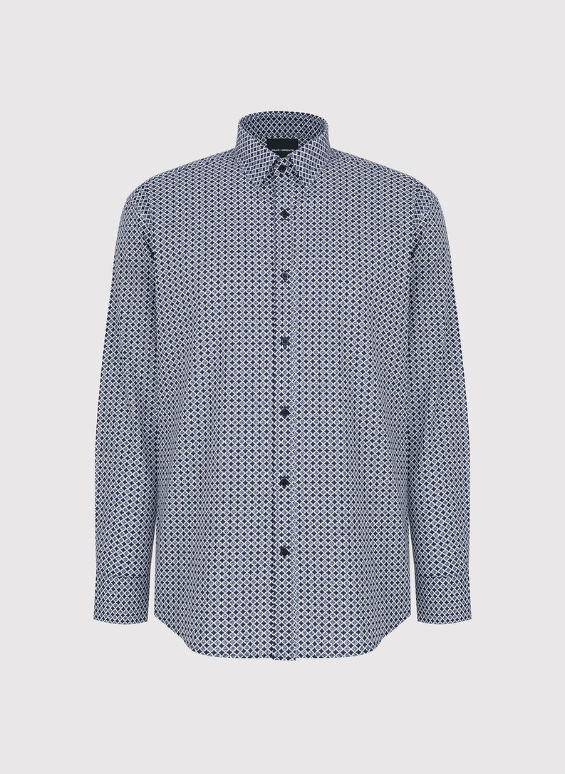 Tamsiai mėlyni marškiniai geometriniu raštu