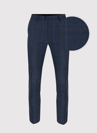 Tamsiai mėlynos kostiuminės kelnės languotu piešiniu