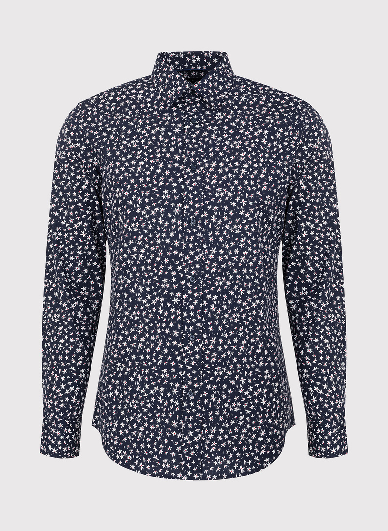 Tamsiai mėlyni vyriški marškiniai gėlytėmis