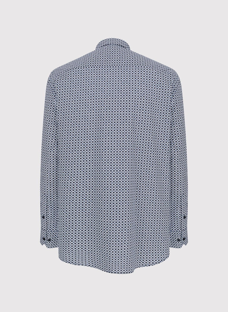 Tamsiai mėlyni marškiniai geometriniu raštu