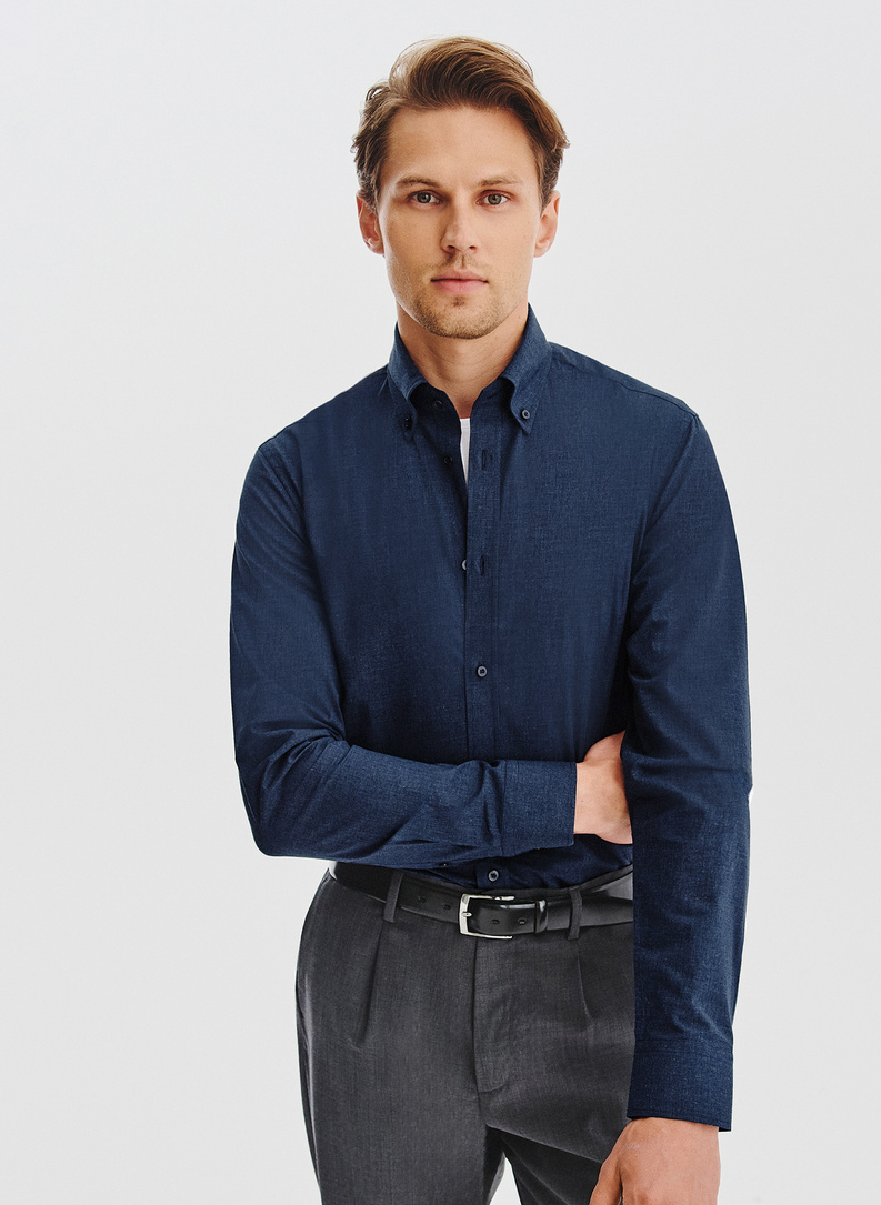 Tamsiai mėlyni melanžiniai marškiniai