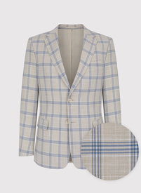 Smėlio spalvos kostiumas su mėlynu langeliu