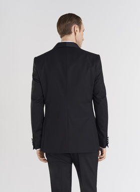 Vilnonis juodas smokingo švarkas mikroraštu