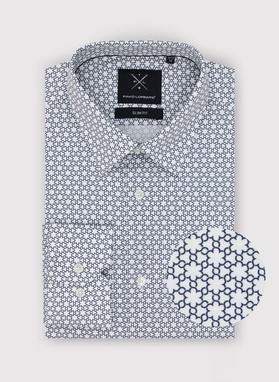 Balti vyriški marškiniai tamsiai mėlynu raštu